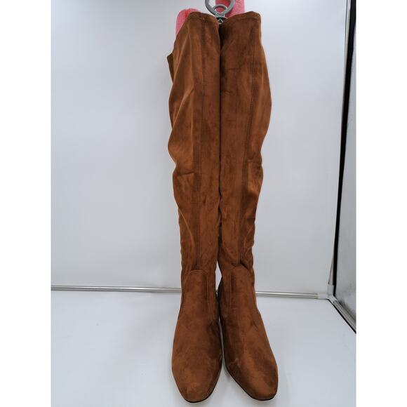 Dream Pairs Over The Knee Caramel Brown Low Sculpted Heel Elastic Band Boots 9 - Picture 3 of 7